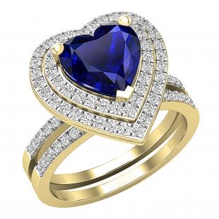 8 MM Heart Blue Sapphire & Round Diamond Ladies Double Halo Engagement Ring Set 10K Yellow Gold