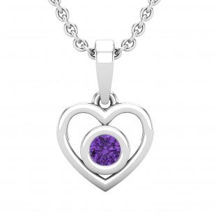Round Amethyst Ladies Solitaire Heart Pendant (Silver Chain Included) Sterling Silver