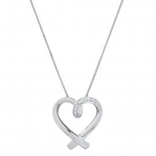 Ladies Heart Pendant with Round White Diamond Accents Sterling Silver