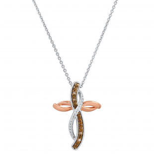 Ladies Cross Pendant with Round Diamond Accents, White & Rose Gold Plated Two Tone Sterling Silver