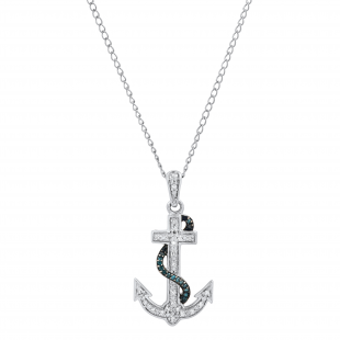 0.10 Carat (ctw) Round White & Blue Diamond Ladies Anchor Pendant 1/10 CT Sterling Silver