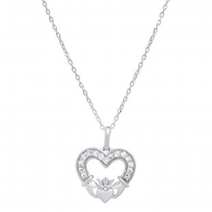 0.10 Carat (ctw) Round Diamond Ladies Irish Claddagh Heart Love Pendant 1/10 CT Sterling Silver