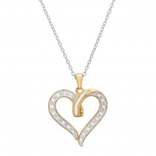 0.07 Carat (ctw) Round & Baguette Diamond Ladies Heart Pendant Yellow Gold Plated Sterling Silver