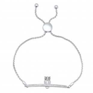 Ladies Owl on Branch Bolo Bracelet with Round Diamond Accents Sterling Silver
