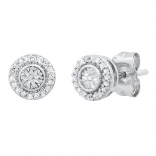 0.10 Carat (ctw) Round White Diamond Ladies Illusion Set Stud Earrings 1/10 CT Sterling Silver