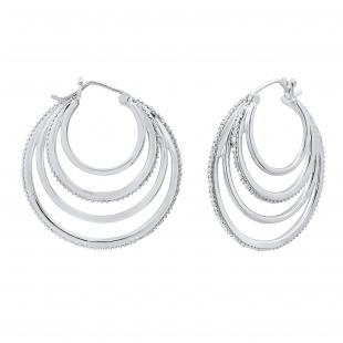 Ladies Round Shape Hoop Earrings with Round White Diamond Accents Sterling Silver