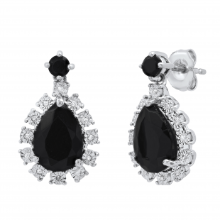 9X7 mm Pear & 3 mm Round Black Onyx with Diamond Accents Ladies Dangle Earrings Sterling Silver