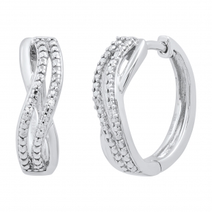 Ladies Swirl Style Hoop Earrings with Round Diamond Accents Sterling Silver