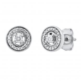 Ladies Round Shape Beaded Stud Earrings with Round Diamond Accents Sterling Silver