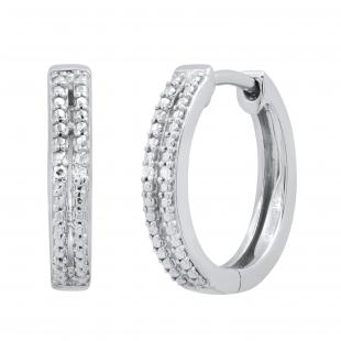 Ladies Double Row Huggies Hoop Earrings with Round Diamond Accents Sterling Silver