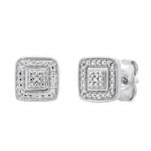Ladies Square Shape Beaded Stud Earrings with Round Diamond Accents Sterling Silver