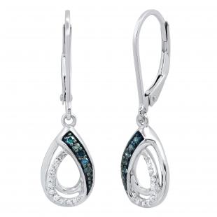 0.12 Carat (ctw) Round Blue & White Diamond Ladies Dangle Teardrop Earrings 14K White Gold