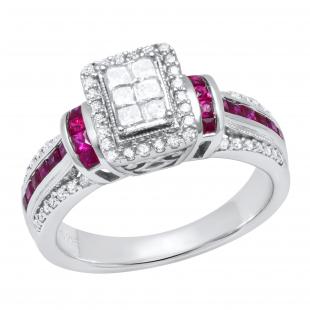 Princess Ruby with Round & Princess White Diamond Ladies Engagement Ring Sterling Silver