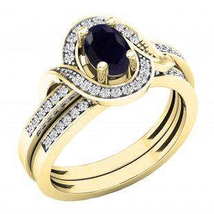 6X4 mm Oval Blue Sapphire & Round White Diamond Bridal Halo Style Wedding Ring Set 18K Yellow Gold
