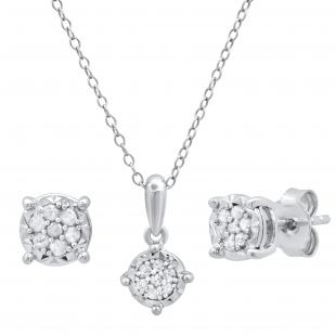 0.25 Carat (ctw) Round Diamond Ladies Cluster Style Earring & Pendant Set 1/4 CT Sterling Silver