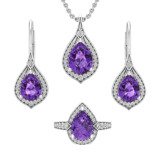 Pear Amethyst & Round White Diamond Ladies Teardrop Earrings Pendant & Ring Set 925 Sterling Silver