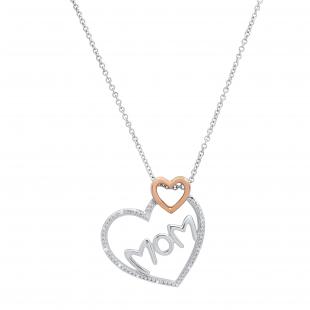 Double Heart MOM Pendant with Round Diamond Accents White & Rose Gold Plated Two Tone Sterling Silver