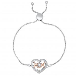 Mom Heart Bracelet with Round Diamond Accents White & Rose Gold Plated Two Tone Sterling Silver