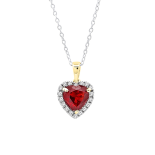 6 MM Heart Garnet & Round White Diamond Ladies Halo Style Pendant with Silver Chain 10K Yellow Gold
