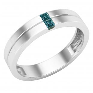 0.10 Carat (ctw) Princess Blue Diamond with Plain Line Mens Wedding Band 1/10 CT Sterling Silver