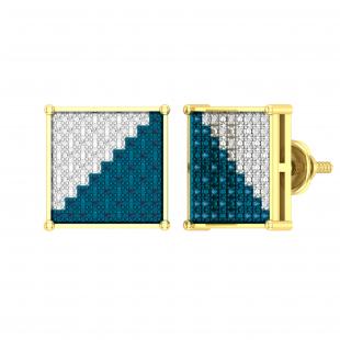 0.20 Carat (ctw) Round Blue & White Diamond Hip-Hop Square Screwback Stud Earrings for Men 1/5 CT in 10K Yellow Gold