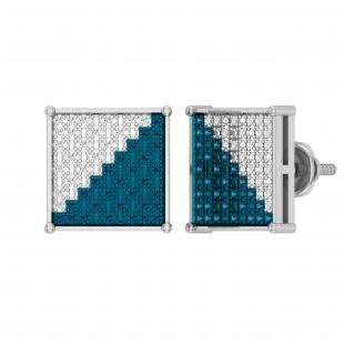 0.20 Carat (ctw) Round Blue & White Diamond Hip-Hop Square Screwback Stud Earrings for Men 1/5 CT in 925 Sterling Silver