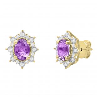 7X5 mm Oval Amethyst & Round Diamond Ladies Flower Halo Style Cluster Stud Earrings 18K Yellow Gold
