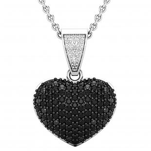0.75 Carat Round Black & White Diamond Heart Shaped Dangling Ladies Pendant 3/4 CT Sterling Silver