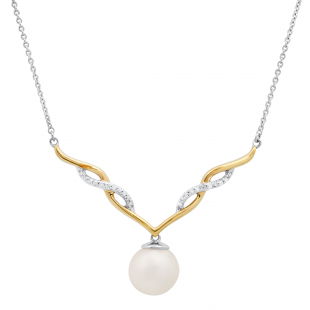 Freshwater Cultured Pearl & White Diamond Twisted Ribbon Chevron Pendant, 925 Sterling Silver