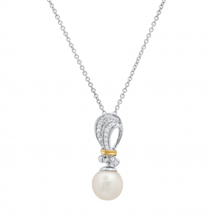 8 mm White Freshwater Pearl & White Sapphire Pendant, White & Yellow Gold Plated 925 Sterling Silver