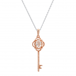 6X4 mm Oval Morganite Key Pendant with White Diamond, Rose Gold Plated, 925 Sterling Silver