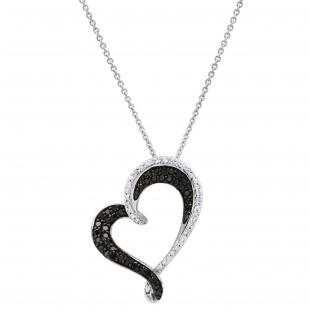 0.50 Carat (ctw) Round Black & White Diamond Heart Shaped Ladies Pendant 1/2 CT 925 Sterling Silver