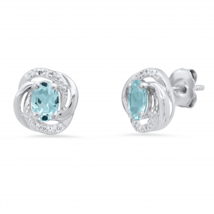 6X4 mm Oval Aquamarine & Round White Diamond Twisted Halo Style Stud Earrings 925 Sterling Silver