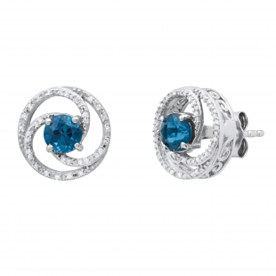 5 mm Round London Blue Topaz with White Diamond Accents Halo Stud Earrings 925 Sterling Silver