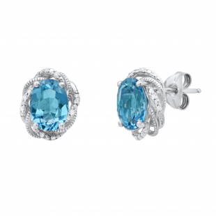 8X6 mm Oval Blue Topaz with White Diamond Accents Halo Style Stud Earrings 925 Sterling Silver
