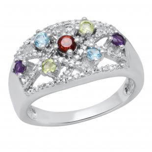 Round Amethyst Peridot Garnet Blue Topaz & White Diamond Ladies Cocktail Ring 925 Sterling Silver