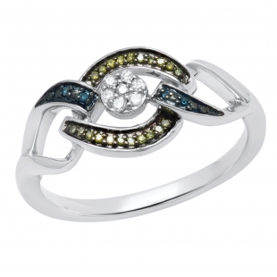0.11 Carat (ctw) Round Blue, Green & White Diamond Knot Promise Ring in 925 Sterling Silver