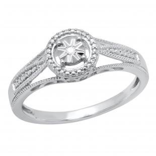 Round White Diamond Accents Illusion Set Halo Style Art Deco Wedding Ring 925 Sterling Silver