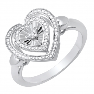 Round Diamond Accents Triple Heart With Side Plain Hearts Illusion Ring For Ladies Sterling Silver
