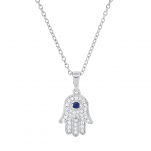 2 MM Round Blue Sapphire & White Diamond Ladies Traditional Hamsa Hand Pendant | 18K White Gold