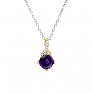 7X7 mm Cushion Amethyst & 0.02 ct Round White Diamond Swirl Spilt Shank Ladies Pendant with Silver Chain 18 Inch | 10K Yellow Silver