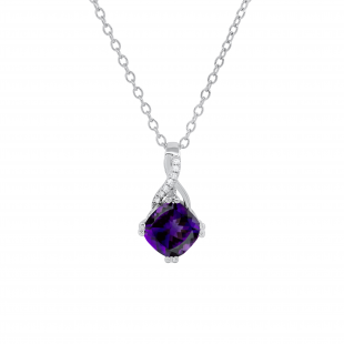 7X7 mm Cushion Amethyst & 0.02 ct Round White Diamond Swirl Spilt Shank Ladies Pendant with Gold Chain 18 Inch | 18K White Gold