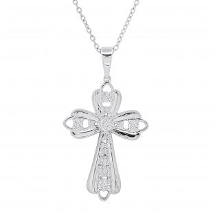 0.10 Carat (ctw) Round White Diamond Ladies Cross Charm Religious Pendant 1/10 CT | 925 Sterling Silver