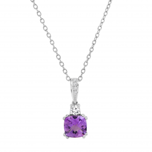 7 MM Originative Cushion Amethyst & White Diamond Ladies Stunning Pendant, 925 Sterling Silver