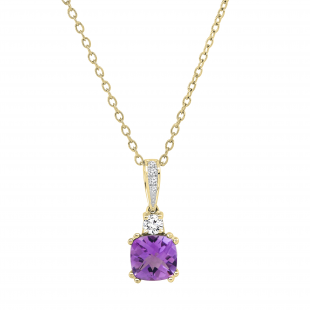 7 MM Originative Cushion Amethyst & White Diamond Ladies Stunning Pendant, 10K Yellow Gold