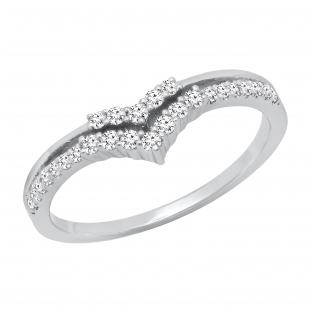 0.25 Carat (ctw) Stylish Two Layers V Shaped White Diamond Ladies Wedding Ring 1/4 CT 925 Sterling Silver