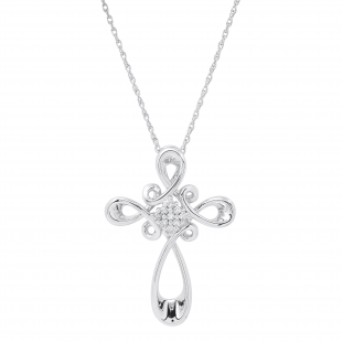 Ladies Antique Design Cross Pendant with Round Diamond Accents in Silver Chain, 925 Sterling Silver