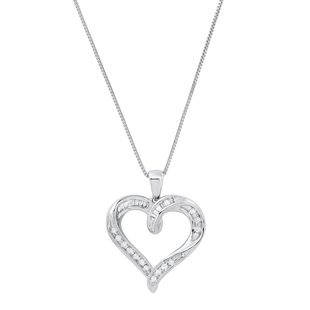 0.20 Carat (ctw) Round & Baguette Diamond Ladies Heart Tilted Pendant 1/5 CT 925 Sterling Silver