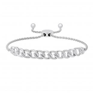 0.12 Carat (ctw) Round White Diamond Interlocking Curb Link Bolo Bracelet for Her | Sterling Silver