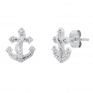 0.07 Carat (ctw) Round White Diamond Ladies Fancy Anchor Symbol Stud Earrings | 925 Sterling Silver